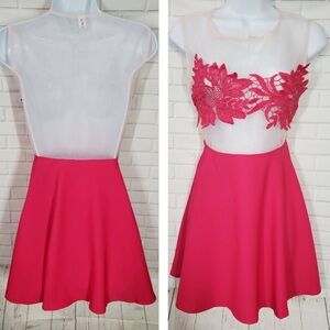 XINYAN Sheer Top Hot Pink Floral Lace A-line Dress sz M